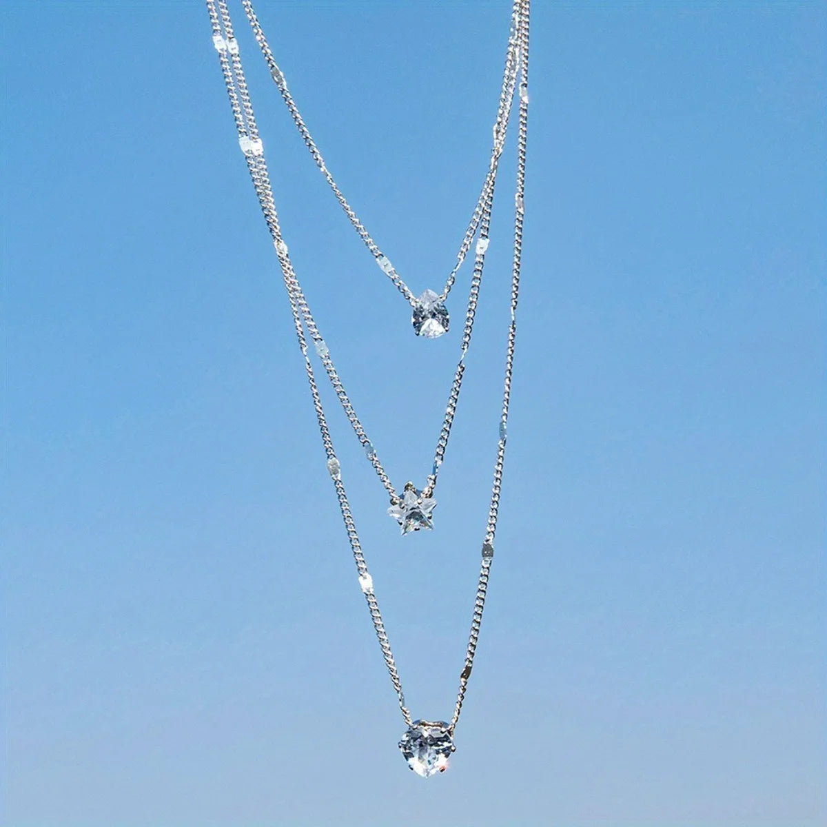 Multi-layer Five-pointed Star Heart Shape Water Drop Pendant Chain Necklace Alloy Material Glass Collarbone Chain Sexy Women's