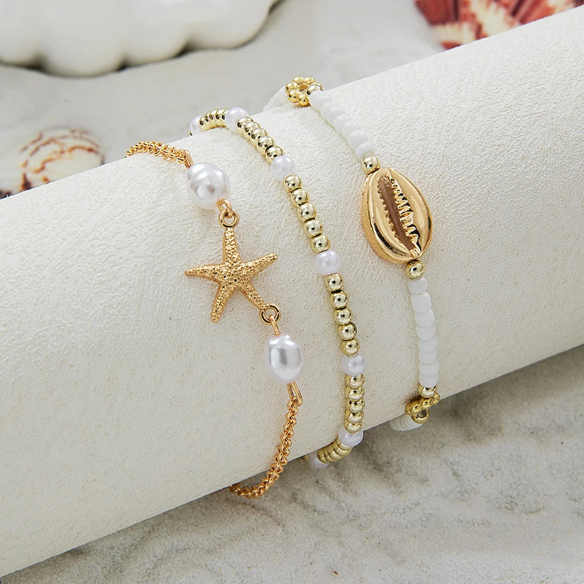 3Pcs Summer Shell Bracelet Set For Women Bohemia Starfish Charm Pearl Seed Beads Chain Bangle Female Beach Vacation Jewelry Gift
