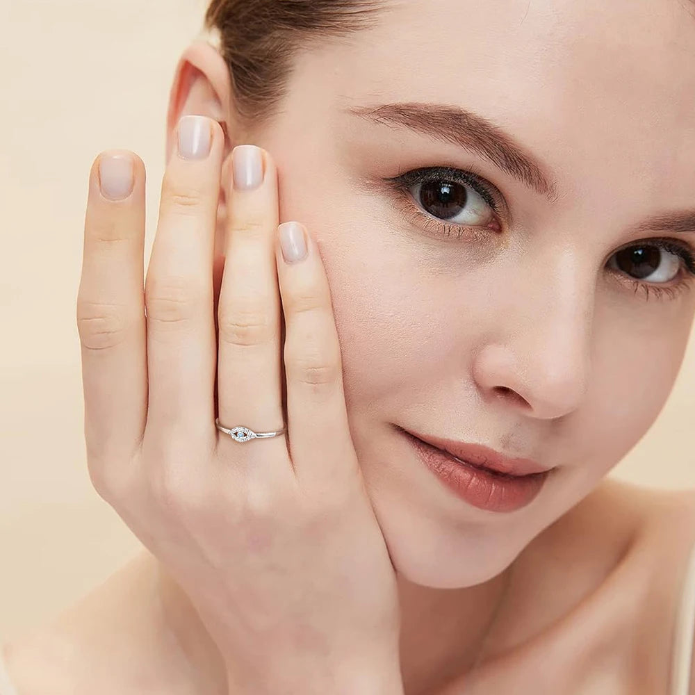 S925 Sterling Silver Blue Eye Rings for Women Sparkling Cubic Zirconia Fine Lucky Jewelry Birthday Gift