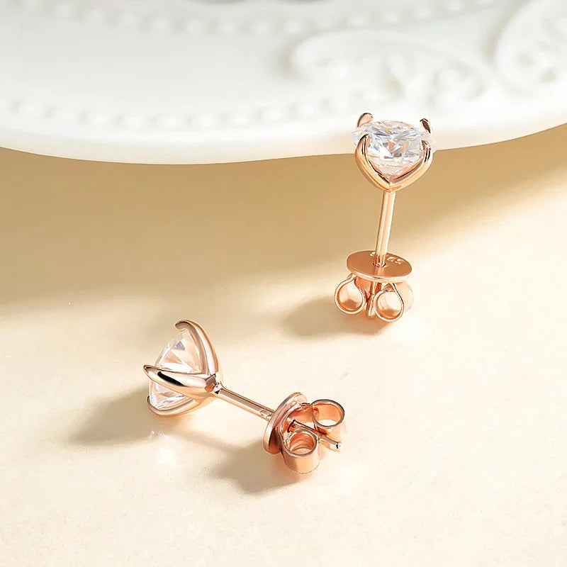 Rose Gold Color Moissanite Stud Earrings for Women Sparkling Classic Wedding Lab Diamond Earring Pure 925 Silver