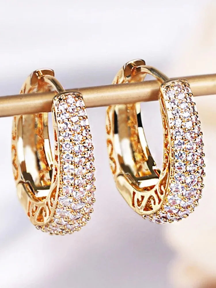 Hollow Gold Color Hoop Earrings for Women Paved Dazzling CZ Stone Luxury Trendy Female Circle Earrings Statement Jewelry