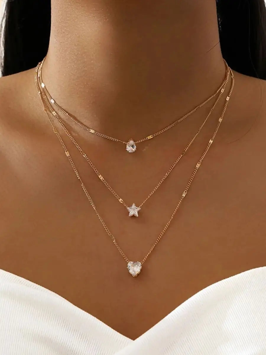 Multi-layer Five-pointed Star Heart Shape Water Drop Pendant Chain Necklace Alloy Material Glass Collarbone Chain Sexy Women's