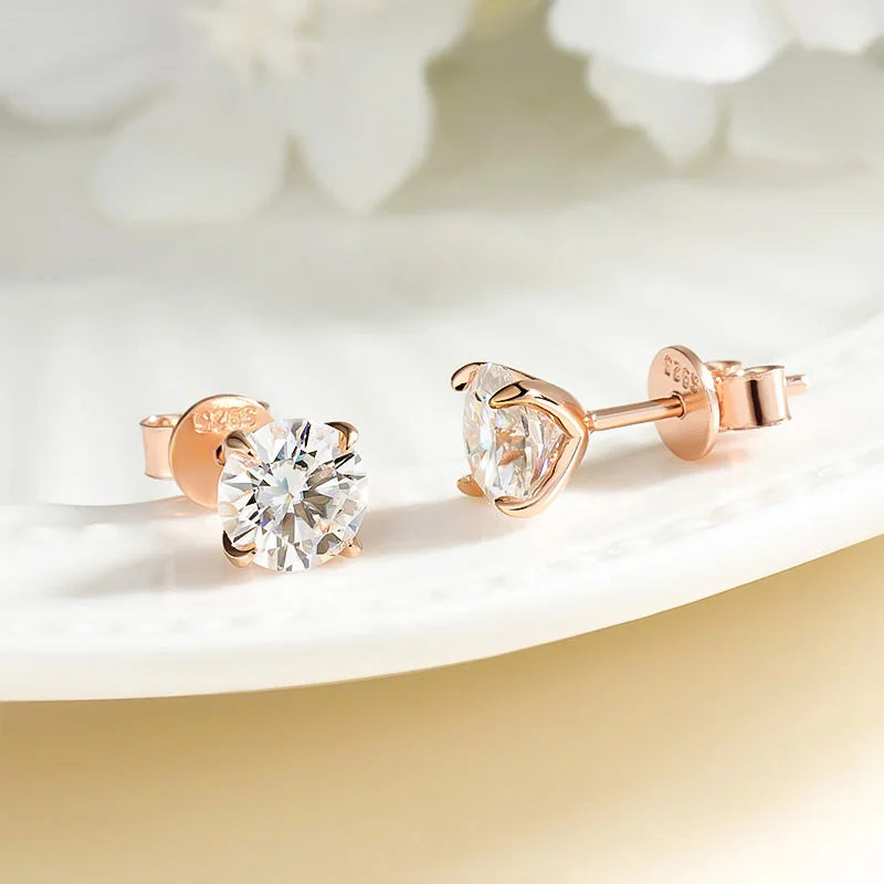 Rose Gold Color Moissanite Stud Earrings for Women Sparkling Classic Wedding Lab Diamond Earring Pure 925 Silver