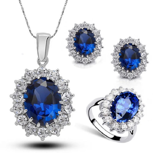 Authentic 925 Sterling Silver Plated Women Wedding Engagement Jewelry Sets Princess Oval Zircon Crystal Necklace Earrings Ring