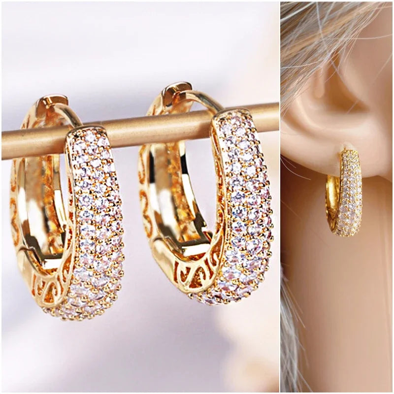 Hollow Gold Color Hoop Earrings for Women Paved Dazzling CZ Stone Luxury Trendy Female Circle Earrings Statement Jewelry