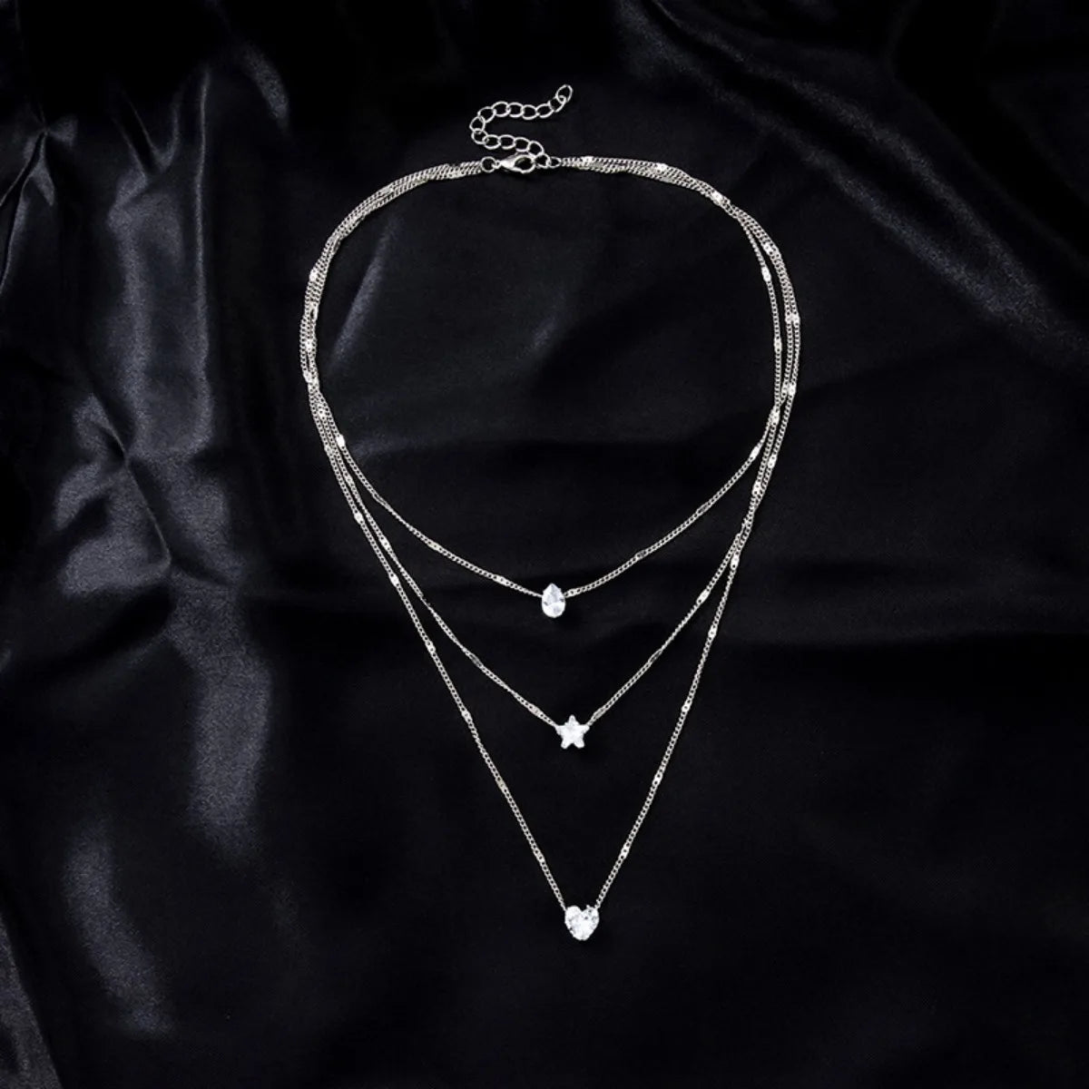 Multi-layer Five-pointed Star Heart Shape Water Drop Pendant Chain Necklace Alloy Material Glass Collarbone Chain Sexy Women's