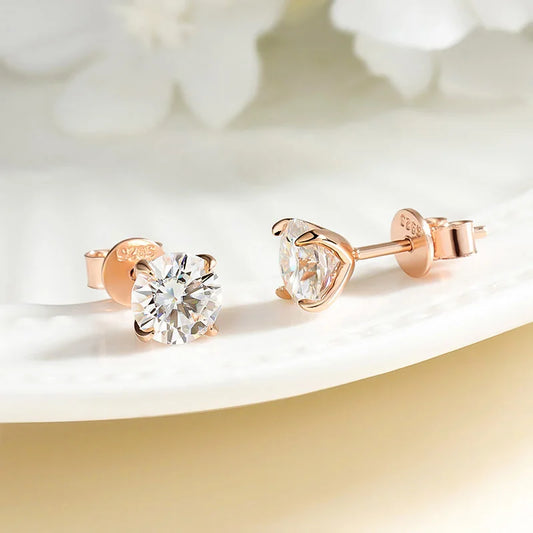 Rose Gold Color Moissanite Stud Earrings for Women Sparkling Classic Wedding Lab Diamond Earring Pure 925 Silver
