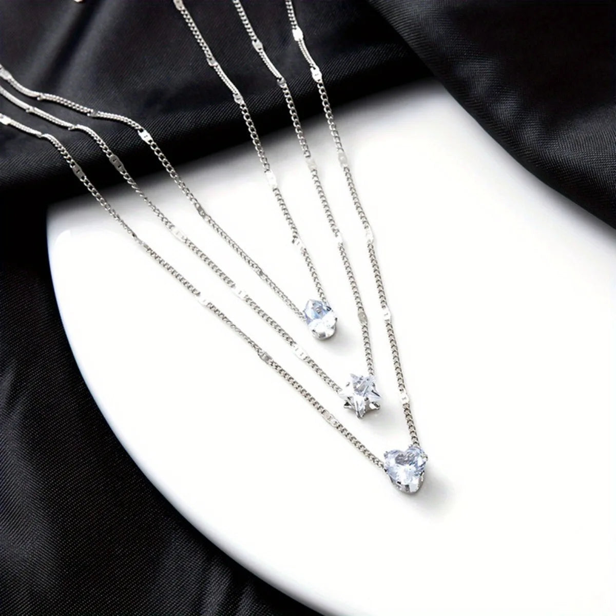 Multi-layer Five-pointed Star Heart Shape Water Drop Pendant Chain Necklace Alloy Material Glass Collarbone Chain Sexy Women's