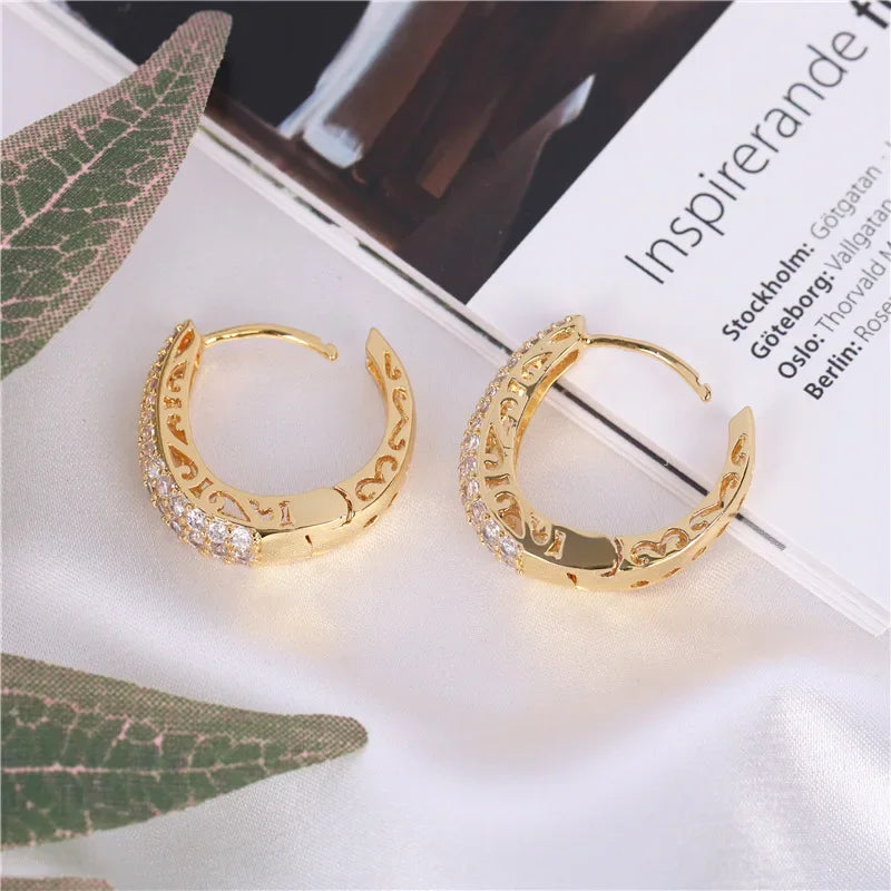 Hollow Gold Color Hoop Earrings for Women Paved Dazzling CZ Stone Luxury Trendy Female Circle Earrings Statement Jewelry