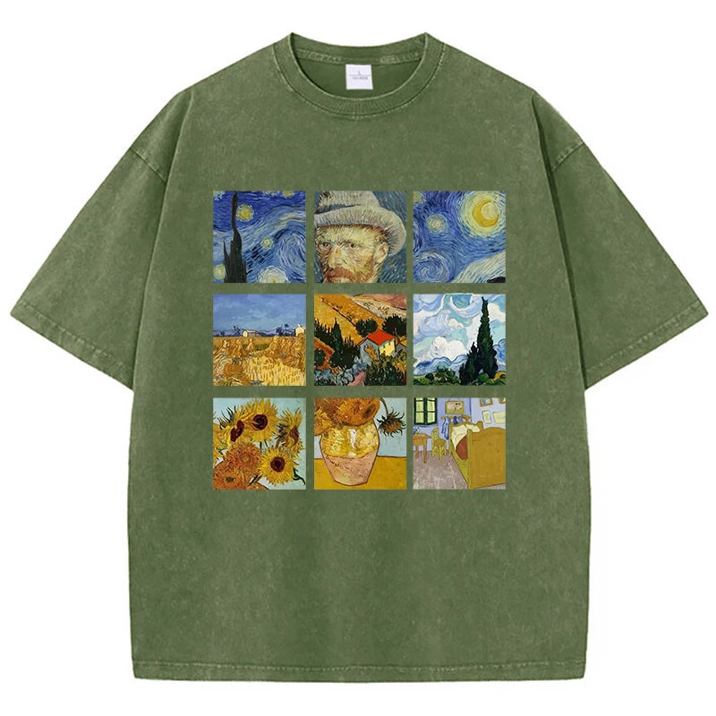 Cotton Women Washed T-Shirts Van Gogh'S Starry Night And Sunflowers Printed Tees Distressed O-Neck Oversized Tops Casual Clothes