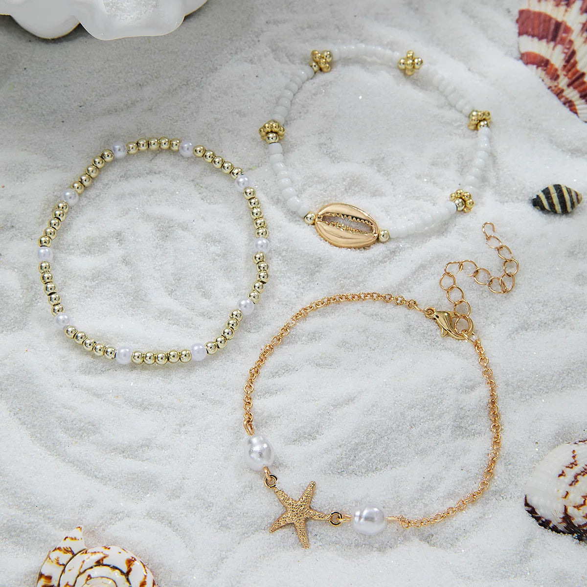3Pcs Summer Shell Bracelet Set For Women Bohemia Starfish Charm Pearl Seed Beads Chain Bangle Female Beach Vacation Jewelry Gift