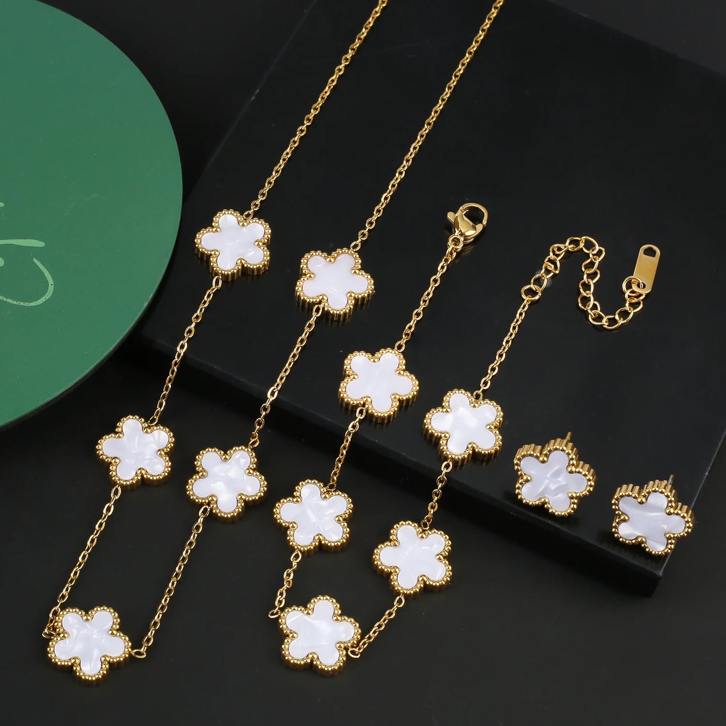 Hot Sale Stainless Steel Five Laef Flower Clover Bracelet Jewelry Set Necklace Earrings For Woman Daily Wear Brand Jewelry