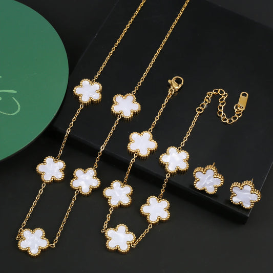 Hot Sale Stainless Steel Five Laef Flower Clover Bracelet Jewelry Set Necklace Earrings For Woman Daily Wear Brand Jewelry