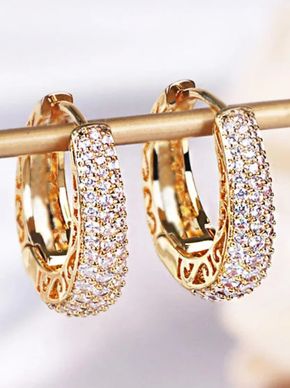 Hollow Gold Color Hoop Earrings for Women Paved Dazzling CZ Stone Luxury Trendy Female Circle Earrings Statement Jewelry