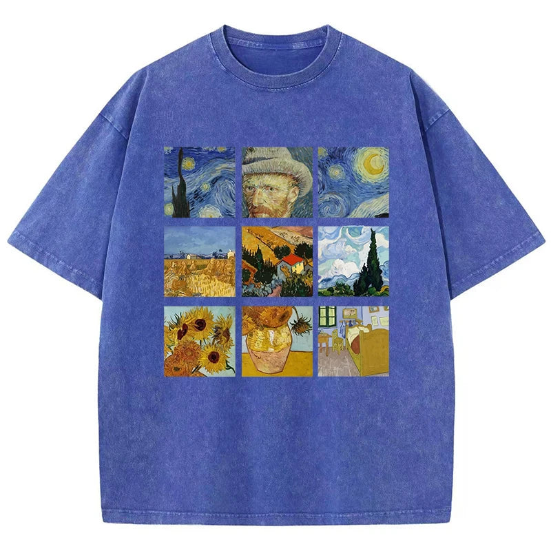 Cotton Women Washed T-Shirts Van Gogh'S Starry Night And Sunflowers Printed Tees Distressed O-Neck Oversized Tops Casual Clothes