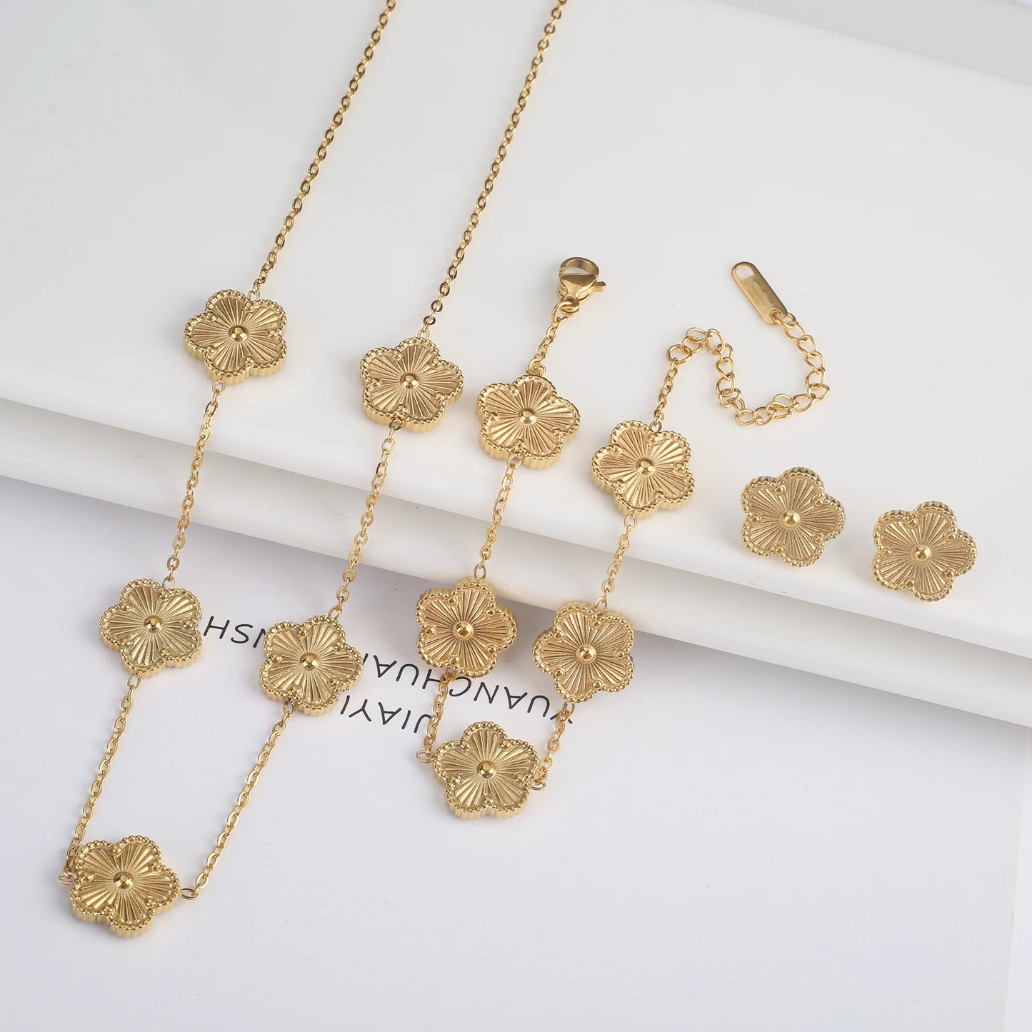 Hot Sale Stainless Steel Five Laef Flower Clover Bracelet Jewelry Set Necklace Earrings For Woman Daily Wear Brand Jewelry