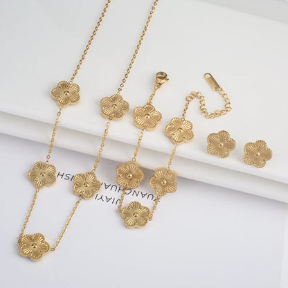 Hot Sale Stainless Steel Five Laef Flower Clover Bracelet Jewelry Set Necklace Earrings For Woman Daily Wear Brand Jewelry