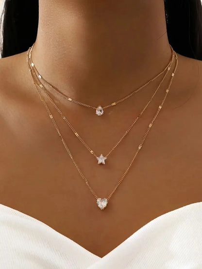 Multi-layer Five-pointed Star Heart Shape Water Drop Pendant Chain Necklace Alloy Material Glass Collarbone Chain Sexy Women's