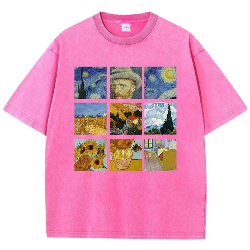 Cotton Women Washed T-Shirts Van Gogh'S Starry Night And Sunflowers Printed Tees Distressed O-Neck Oversized Tops Casual Clothes