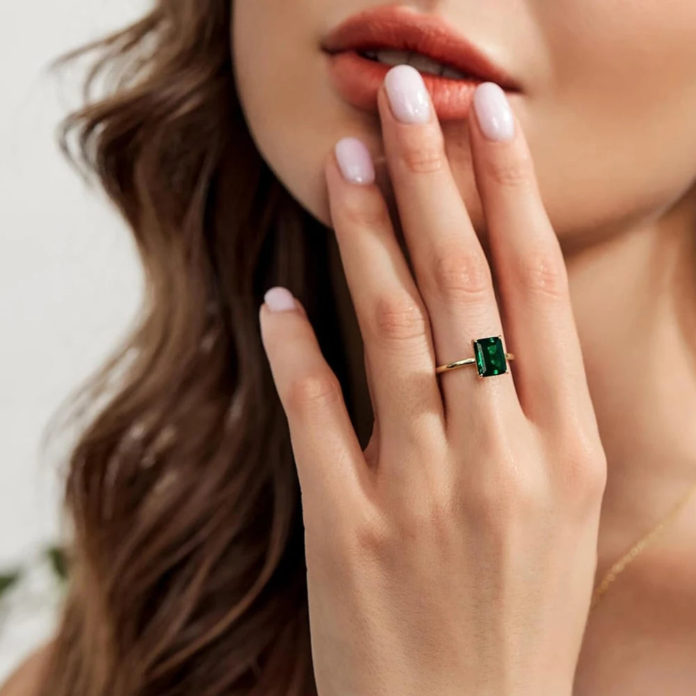 100% 925 Sterling Silver Engagement Rings for Women 3CT Solitaire Created Green Emerald Wedding Band Promise Jewelry