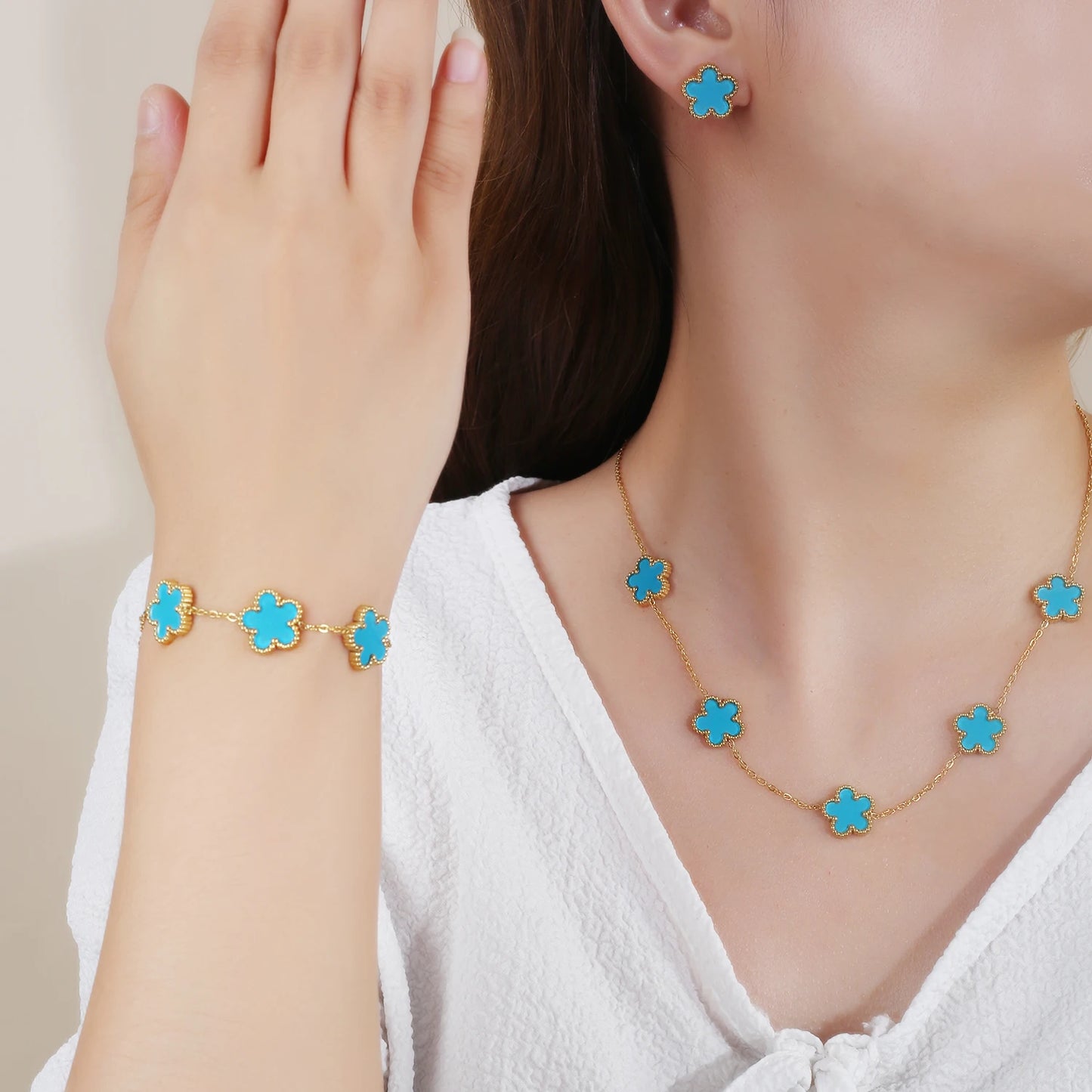 Hot Sale Stainless Steel Five Laef Flower Clover Bracelet Jewelry Set Necklace Earrings For Woman Daily Wear Brand Jewelry