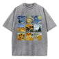 Cotton Women Washed T-Shirts Van Gogh'S Starry Night And Sunflowers Printed Tees Distressed O-Neck Oversized Tops Casual Clothes