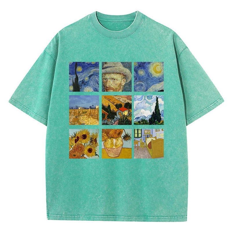 Cotton Women Washed T-Shirts Van Gogh'S Starry Night And Sunflowers Printed Tees Distressed O-Neck Oversized Tops Casual Clothes