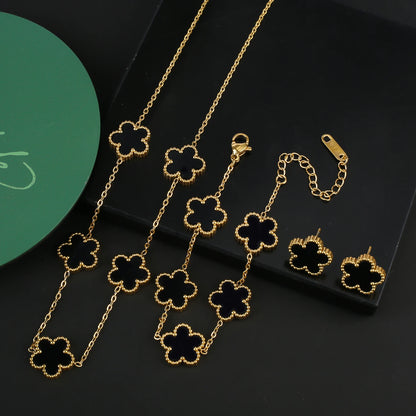 Hot Sale Stainless Steel Five Laef Flower Clover Bracelet Jewelry Set Necklace Earrings For Woman Daily Wear Brand Jewelry