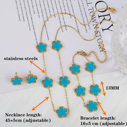 Hot Sale Stainless Steel Five Laef Flower Clover Bracelet Jewelry Set Necklace Earrings For Woman Daily Wear Brand Jewelry