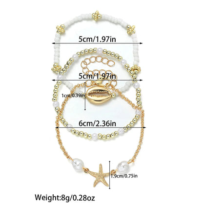 3Pcs Summer Shell Bracelet Set For Women Bohemia Starfish Charm Pearl Seed Beads Chain Bangle Female Beach Vacation Jewelry Gift