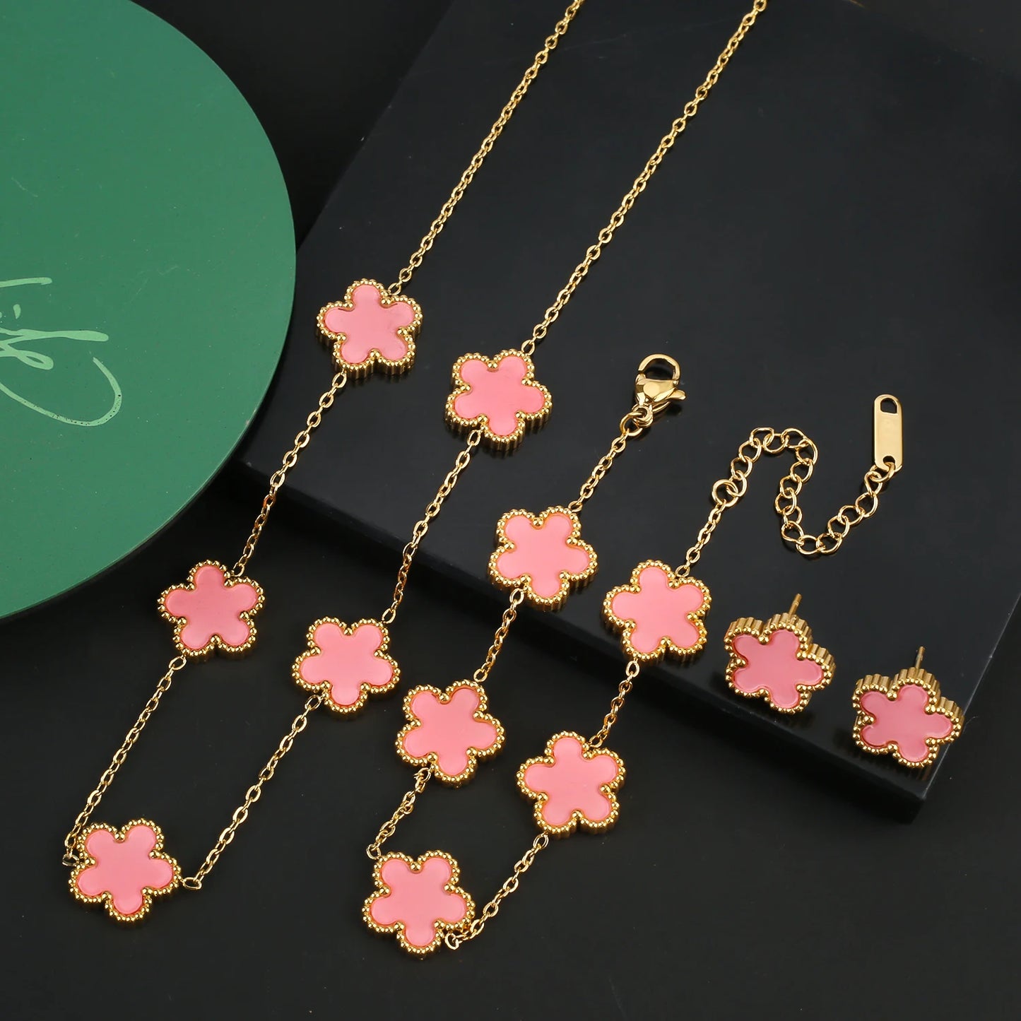 Hot Sale Stainless Steel Five Laef Flower Clover Bracelet Jewelry Set Necklace Earrings For Woman Daily Wear Brand Jewelry