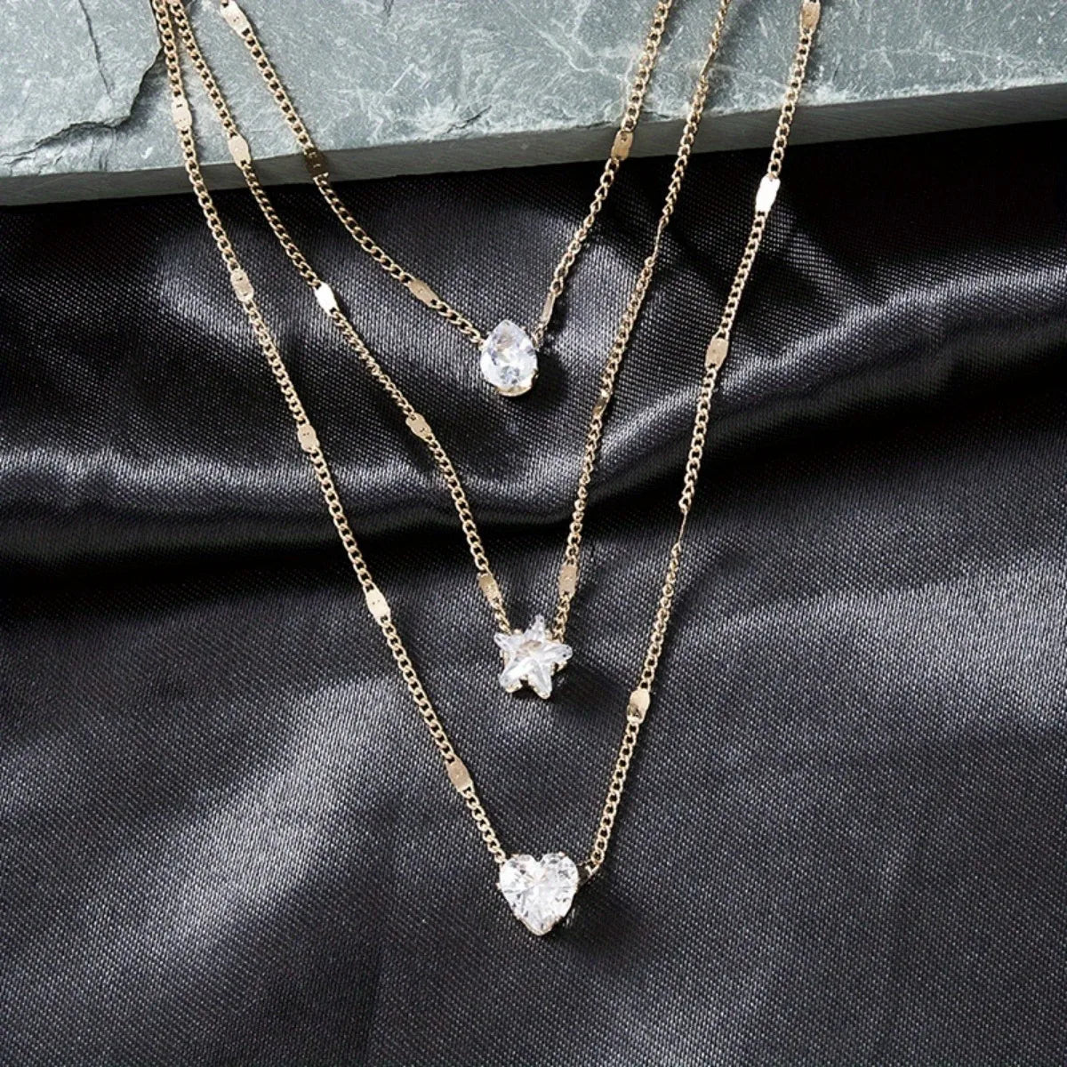 Multi-layer Five-pointed Star Heart Shape Water Drop Pendant Chain Necklace Alloy Material Glass Collarbone Chain Sexy Women's