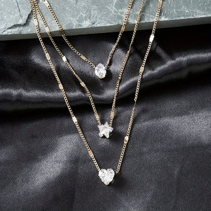 Multi-layer Five-pointed Star Heart Shape Water Drop Pendant Chain Necklace Alloy Material Glass Collarbone Chain Sexy Women's