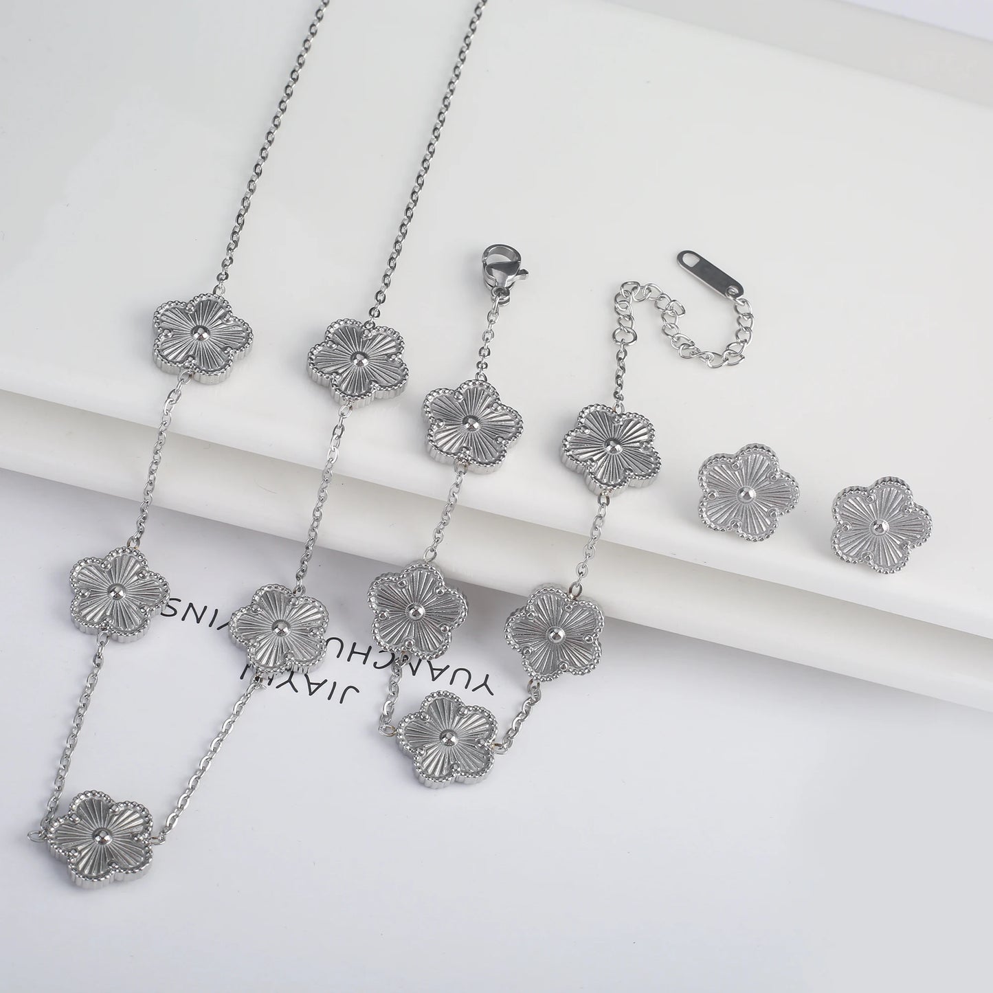 Hot Sale Stainless Steel Five Laef Flower Clover Bracelet Jewelry Set Necklace Earrings For Woman Daily Wear Brand Jewelry