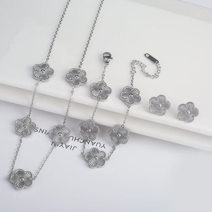 Hot Sale Stainless Steel Five Laef Flower Clover Bracelet Jewelry Set Necklace Earrings For Woman Daily Wear Brand Jewelry