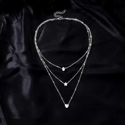 Multi-layer Five-pointed Star Heart Shape Water Drop Pendant Chain Necklace Alloy Material Glass Collarbone Chain Sexy Women's