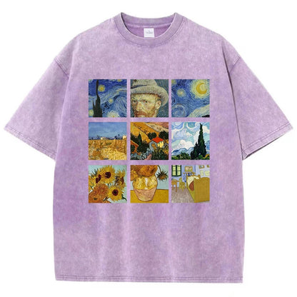 Cotton Women Washed T-Shirts Van Gogh'S Starry Night And Sunflowers Printed Tees Distressed O-Neck Oversized Tops Casual Clothes