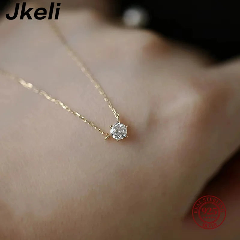 925 Sterling Silver 18k Gold Plated Necklace Single Sparkling Zircon Clavicle Chain for Women Wedding Jewelry collares
