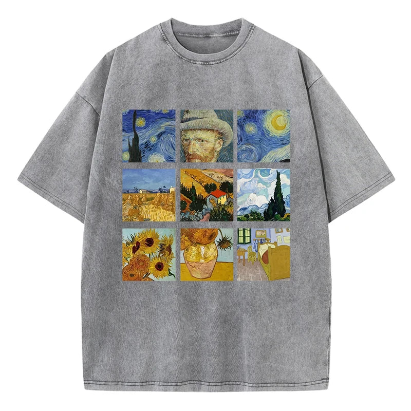 Cotton Women Washed T-Shirts Van Gogh'S Starry Night And Sunflowers Printed Tees Distressed O-Neck Oversized Tops Casual Clothes