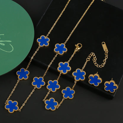 Hot Sale Stainless Steel Five Laef Flower Clover Bracelet Jewelry Set Necklace Earrings For Woman Daily Wear Brand Jewelry