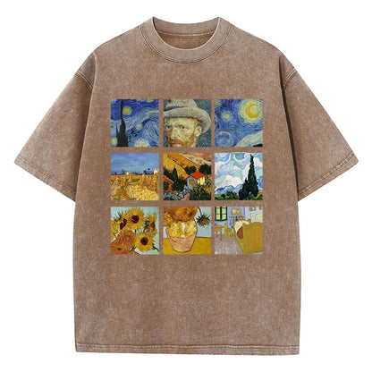 Cotton Women Washed T-Shirts Van Gogh'S Starry Night And Sunflowers Printed Tees Distressed O-Neck Oversized Tops Casual Clothes