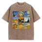 Cotton Women Washed T-Shirts Van Gogh'S Starry Night And Sunflowers Printed Tees Distressed O-Neck Oversized Tops Casual Clothes