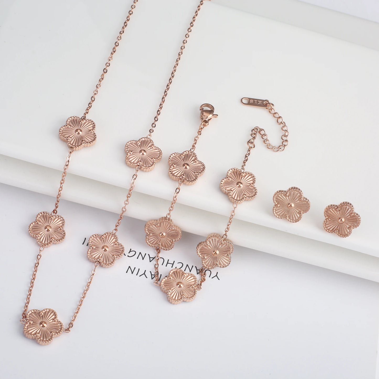 Hot Sale Stainless Steel Five Laef Flower Clover Bracelet Jewelry Set Necklace Earrings For Woman Daily Wear Brand Jewelry