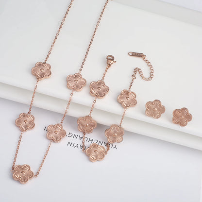 Hot Sale Stainless Steel Five Laef Flower Clover Bracelet Jewelry Set Necklace Earrings For Woman Daily Wear Brand Jewelry