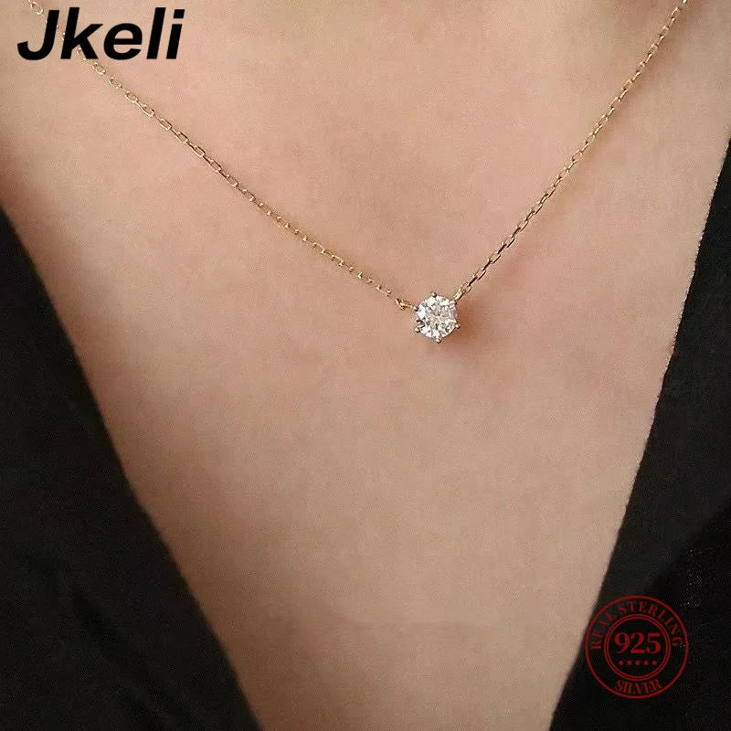 925 Sterling Silver 18k Gold Plated Necklace Single Sparkling Zircon Clavicle Chain for Women Wedding Jewelry collares